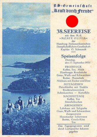 KdF, Ansichtskarte mit Speisefolge, 38. Seereise mit dem M.S. "Monte Olivia", 17. September 1935, ca. 10.5 x 15 cm, guter Zustand