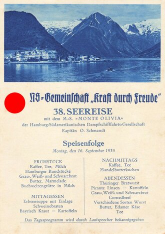 KdF, Ansichtskarte mit Speisefolge, 38. Seereise mit dem M.S. "Monte Olivia", 16. September 1935, ca. 10.5 x 15 cm, guter Zustand