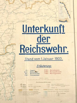 Reichswehr, Karte "Unterkunft der Reichswehr", Stand vom 1. Januar 1933, 1:1.000.000, 107 x 127, stark gebraucht, Teile geklebt und ausgerissen aber vollständig