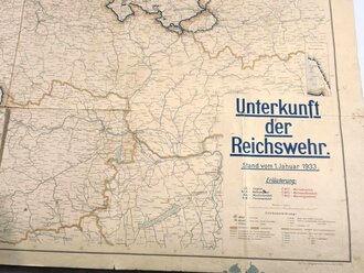 Reichswehr, Karte "Unterkunft der Reichswehr", Stand vom 1. Januar 1933, 1:1.000.000, 107 x 127, stark gebraucht, Teile geklebt und ausgerissen aber vollständig