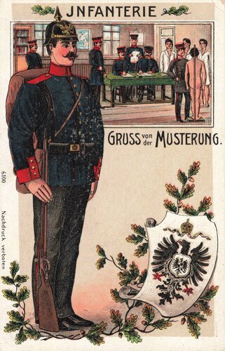 Ansichtskarte "Infanterie Gruss von der Musterung"