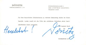 Deutschland nach 1945, Großadmiral a.D. Karl Dönitz, eigenhändige Unterschrift auf Dankeskarte, 18 x 9,5 cm, guter Zustand