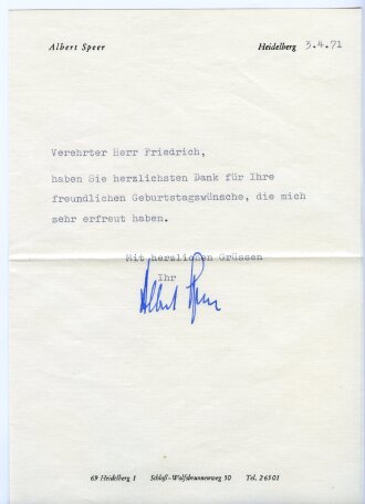 Deutschland nach 1945, Albert Speer, eigenhändige Unterschrift auf Dankesbrief, Heidelberg 3.4.1971, 21 x 14,5 cm, mit Briefumschlag, guter Zustand