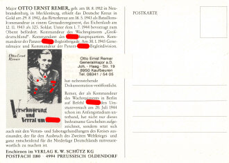 Deutschland nach 1945, Major Otto Ernst Remer, eigenhändige Unterschrift auf Fotopostkarte, 10,5 x 15 cm, guter Zustand