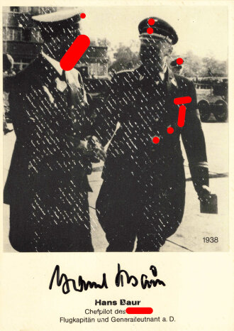 Deutschland nach 1945, Chef-Pilot des Führers Hans Baur, mitgedruckte Unterschrift auf Postkarte, ca. 10,5 x 15 cm, Bildberfläche mit deutlichem Abdruck/Kratzern. Rückseitig eigenhändige Unterschrift unter Widmung von 1984