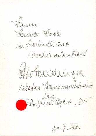 Deutschland nach 1945, SS-Obersturmbannführer Otto Weidinger (SS-Panzergrenadier-Regiment 4 "Der Führer"), eigenhändige Unterschrift auf Repro-Foto, 24.7.1980, ca. 10  x 14,5 cm, guter Zustand