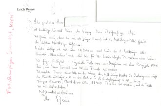 Deutschland nach 1945, Ritterkreuzträger Erich Beine (Fallschirmjäger-Regiment 12), eigenhändige Unterschrift auf Repro-Foto und zugehörigem Brief, 1996, ca. 9 x 13 cm, guter Zustand