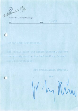 Deutschland nach 1945, Hans-Ulrich Rudel, Schriftverkehr mit 3 eigenhändigen Unterschriften, DIN A4, gebraucht