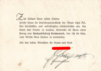 Betriebsführer der Adam Opel AG (Carl Lüer?), eigenhändige Unterschrift auf Glückwunschkarte zur Geburt, um 1941 , ca. 15 x 10,5 cm, guter Zustand