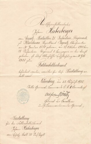 General der Kavallerie z.D. Albert Freiherr von Könitz, eigenhändige Unterschrift auf Bestallungsurkunde, Nürnberg 25. August 1918, 33 x 21 cm, mehrfach gefaltet