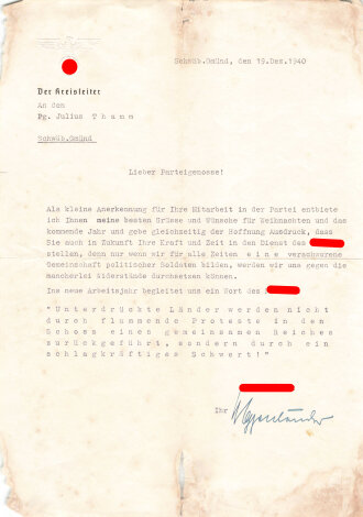 Hermann Oppenländer (NSDAP Kreisleiter und SS-Sturmbannführer), eigenhändige Unterschrift auf Brief an Parteigenossen, Schwäbisch Gmünd 19. Dezember 1940, DIN A4, mehrfach gefaltet