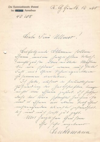 General der Kavallerie Georg Lindemann (L. Armeekorps), eigenhändige Unterschrift auf Brief, Bulgarien 16. Dezember 1940, DIN A4, mehrfach gefaltet