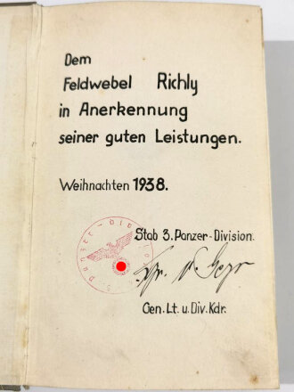 General Leo Dietrich Franz Reichsfreiherr Geyr von Schweppenburg (3. Panzer Division), eigenhändige Unterschrift als Widmung in einem Buch, Weihnachten 1938.
