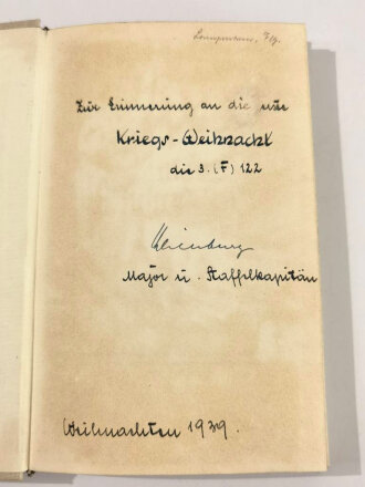 Eigenhändige Unterschrift eines Major und Staffelkapitän der 3. (F.) 122,  Aufklärungsgruppe 122 unter Widmung, Kriegsweihnacht 1939