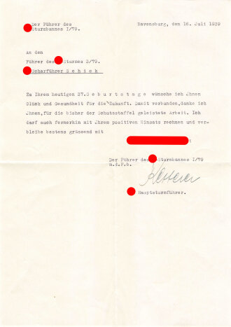 Mitteilung mit eigenhändiger Unterschrift des SS-Hauptsturmführer Ketterer, SS-Sturmbann I/79, Ravensburg 16. Juli 1940,  DIN A4, gebraucht, gefaltet