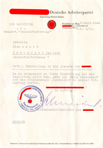 Schreiben eines NSDAP Oberabschnittsleiters (Gau-Hessen Nassau) mit eigenhändiger Unterschrift,