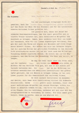 Beileidsbekundung mit eigenhändiger Unterschrift eines NSDAP-Kreisleiters, Neustadt a.d. Aisch 27. Januar 1945, DIN A4, gebraucht, gefaltet