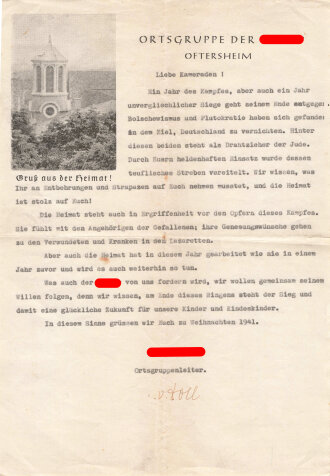 Schreiben eines NSDAP-Ortsgruppenleiters mit eigenhändiger Unterschrift, Oftersheim/Schwetzingen, Kriegsweihnachten 1941, DIN A4, gebraucht, gefaltet
