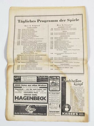 Olympia Zeitung, 2. August 1936, Nummer 13, XI. Olympische Spiele 1936, Berlin, gebraucht