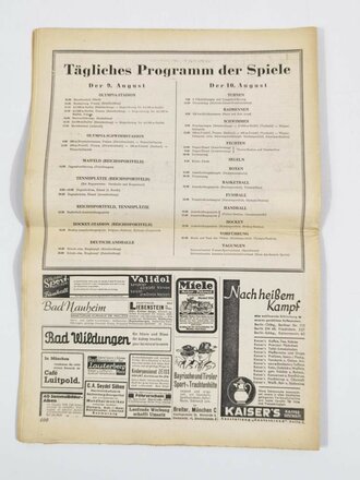 Olympia Zeitung, 9. August 1936, Nummer 20, XI. Olympische Spiele 1936, Berlin, gebraucht
