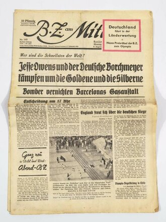 Berliner Zeitung (B.Z.) am Mittag, Nr. 185, 3. August 1936, XI. Olympische Spiele 1936, gebraucht