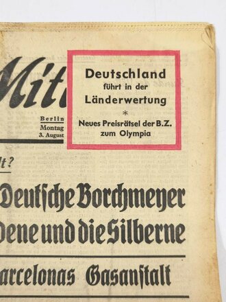 Berliner Zeitung (B.Z.) am Mittag, Nr. 185, 3. August 1936, XI. Olympische Spiele 1936, gebraucht