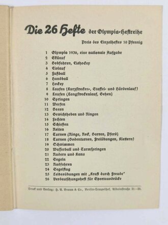 Olympia Heft Nr. 1, "Olympia 1936 eine nationale Aufgabe", hrsg. v. Reichssportführer/Propaganda-Ausschuß, 48 Seiten, Berlin 1936, ca. 11,5 x 15,5 cm, gebraucht