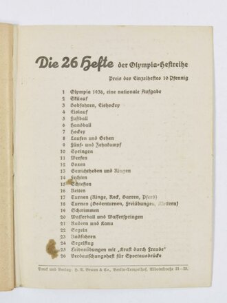 Olympia Heft Nr. 25, "Leibesübungen mit Kraft durch Freude", hrsg. v. Reichssportführer/Propaganda-Ausschuß, 64 Seiten, Berlin 1936, ca. 11,5 x 15,5 cm, gebraucht