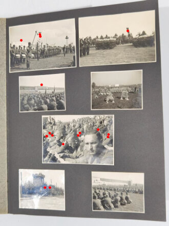 RAD, Fotoalbum eines Arbeitsmanns mit 123 Fotografien unterschiedlicher Formate, Themen: XI. Olympiade Berlin 1936/Reichsparteitagsgelände Nürnberg/Manöver Lüneburger Heide, Album 19 x 24,5 cm, sehr guter Zustand