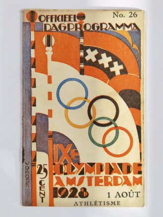 XI. Olympische Spiele Amsterdam 1928, Offizielles Tagesprogramm vom 1. August (No. 26) in frz. Sprache, 39 Seiten, ca. 13 x 21 cm, gebraucht, Einband lose
