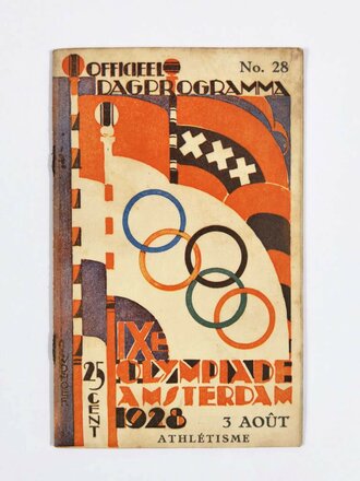 XI. Olympische Spiele Amsterdam 1928, Offizielles Tagesprogramm vom 3. August (No. 28) in frz. Sprache, 40 Seiten, ca. 13 x 21 cm, gebraucht, Einband lose