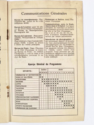 XI. Olympische Spiele Amsterdam 1928, Offizielles Tagesprogramm vom 3. August (No. 28) in frz. Sprache, 40 Seiten, ca. 13 x 21 cm, gebraucht, Einband lose