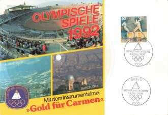 Olympia 1992, Benefiz-Musikpostkarte mit Sonderbriefmarke "Gold für Carmen", Olympische Spiele Albertville/Barcelona 1992,14 x 20 cm, ungespielt, sehr guter Zustand