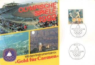 Olympia 1992, Benefiz-Musikpostkarte mit Sonderbriefmarke...