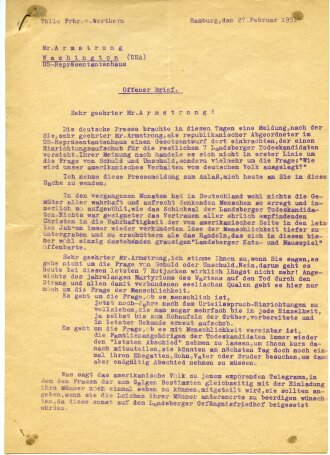 Deutschland nach 1945, Ritterkreuzträger Thilo Freiherr von Werthern, eigenhändige Unterschrift auf Brief bez. "Landsberger Todeskandidaten", Hamburg 27. Februar 1951, 2 maschinenschriftl. Seiten, DIN A4, gebraucht