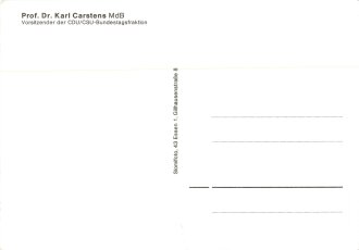 5. Bundespräsident der BRD Karl Cartsens (CDU), vermutlich gestempelte Unterschrift auf Autogrammkarte, 10,5 x 15 cm, leicht eingerissen