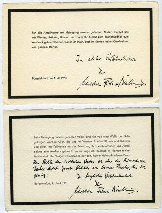 Christian Fürst zu Bentheim und Steinfurt, eigenhändige Unterschriften auf 2 Dankeskarten für Kondolenzwünsche, mit Todesanzeige des Vaters 