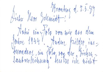 Deutschland nach 1945, Ritterkreuzträger (mit Eichenlaub) und General der Infanterie Erich Buschenhagen, eigenhändige Unterschrift auf Karte vom 7.5.1989, 10,5 x 14,5 cm, guter Zustand