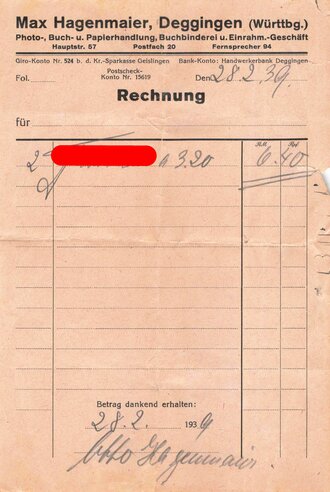 Rechnung über "2 Führerbilder", Deggingen (Württemberg), 28.2.1939, DIN A5, gebraucht, gefaltet