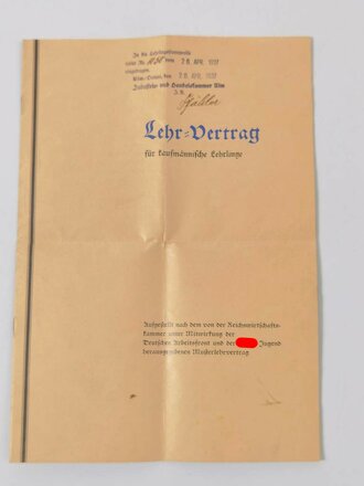 Reichswirtschaftkammer/DAF/HJ, Lehrvertrag für kaufmännische Lehrlinge, Werkzeugfabrik Deggingen (Württemberg), 26. April 1937, 7 Seiten, DIN A4,  mehrfach gefaltet, gebraucht