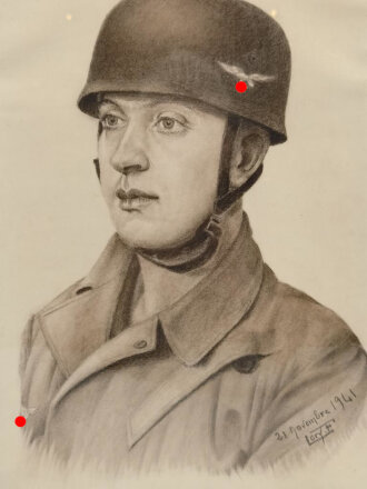 Original gerahmte Zeichnung eines Angehörigen der Fallschirmtruppe mit grünem Knochensack und Stahlhelm, datiert 1941,  Maße des Rahmen 32 x 44cm