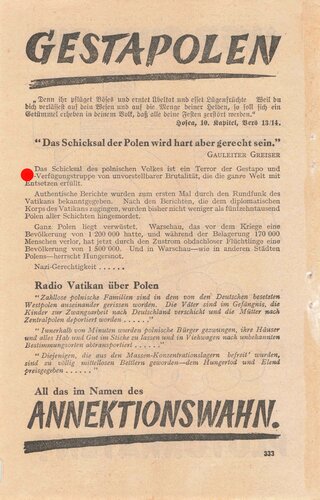 Großbritannien 2. Weltkrieg, "Gestapolen", Flugblatt 333, Einsatzzeit 1939-1943