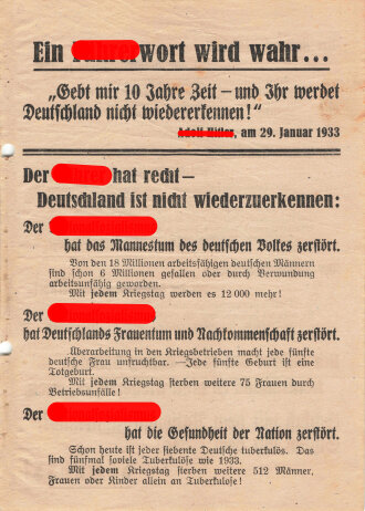 Alliiertes Flugblatt 2. Weltkrieg, "Ein Führerwort wird wahr...", ohne Jahr und Kennzeichnung, gelocht