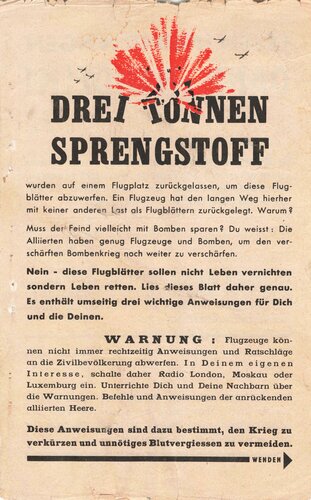 U.S.A. / Großbritannien WWII, "Drei Tonnen Sprengstoff", Flugblatt WG.43, Einsatzzeit 1945, leicht verschlissen