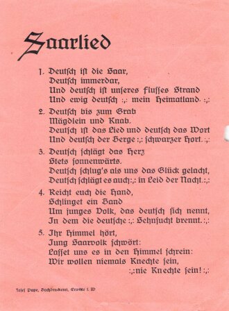 Flugblatt "Saarlied", Saarabstimmung 1935, 17,5 x 13 cm, guter Zustand