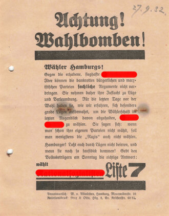Flugblatt "Achtung Wahlbomben!", Hamburg, 27.9.1932, 16,5 x 21 cm, gelocht