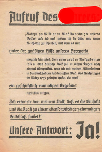 Flugblatt "Aufruf des Führers", Reichstagswahlen 1938, DIN A4, rückseitig beschriftet, sonst guter Zustand