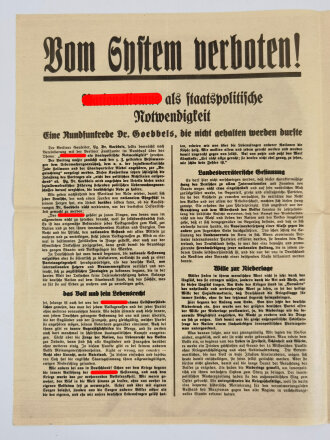 Flugblatt, Dr. Goebbels, "Vom System verboten!", 4-seitige Druckschrift mit Rede, 1932, 37 x 28 cm, gefaltet, sehr guter Zustand