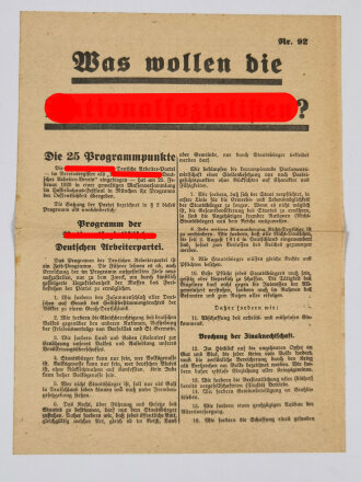 NSDAP Flugblatt "Was wollen die Nationasozialisten?", NSDAP Gau Hamburg, Nr. 92, 4 Seiten, ca. 30 x 23 cm, gefaltet, guter Zustand