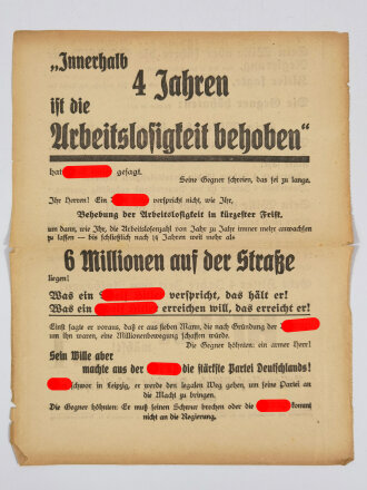 Rudolf Heß, NSDAP Flugblatt "Nationalsozialistische Deutsche Arbeiterpartei (Hitlerbewegung)", München/Berlin, ca. DIN A4, leicht verschlissen